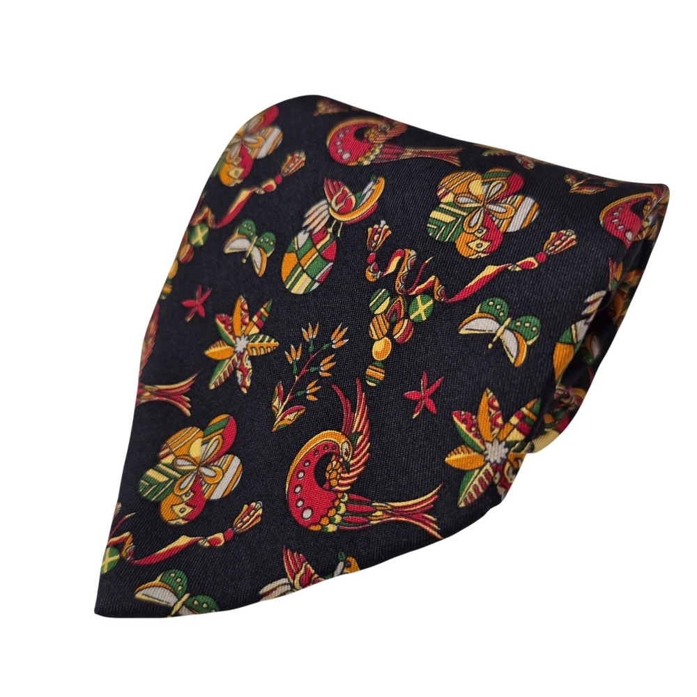 Salvatore Ferragamo Tie Men Black Silk Bird Butterfly Floral Print Italy Necktie